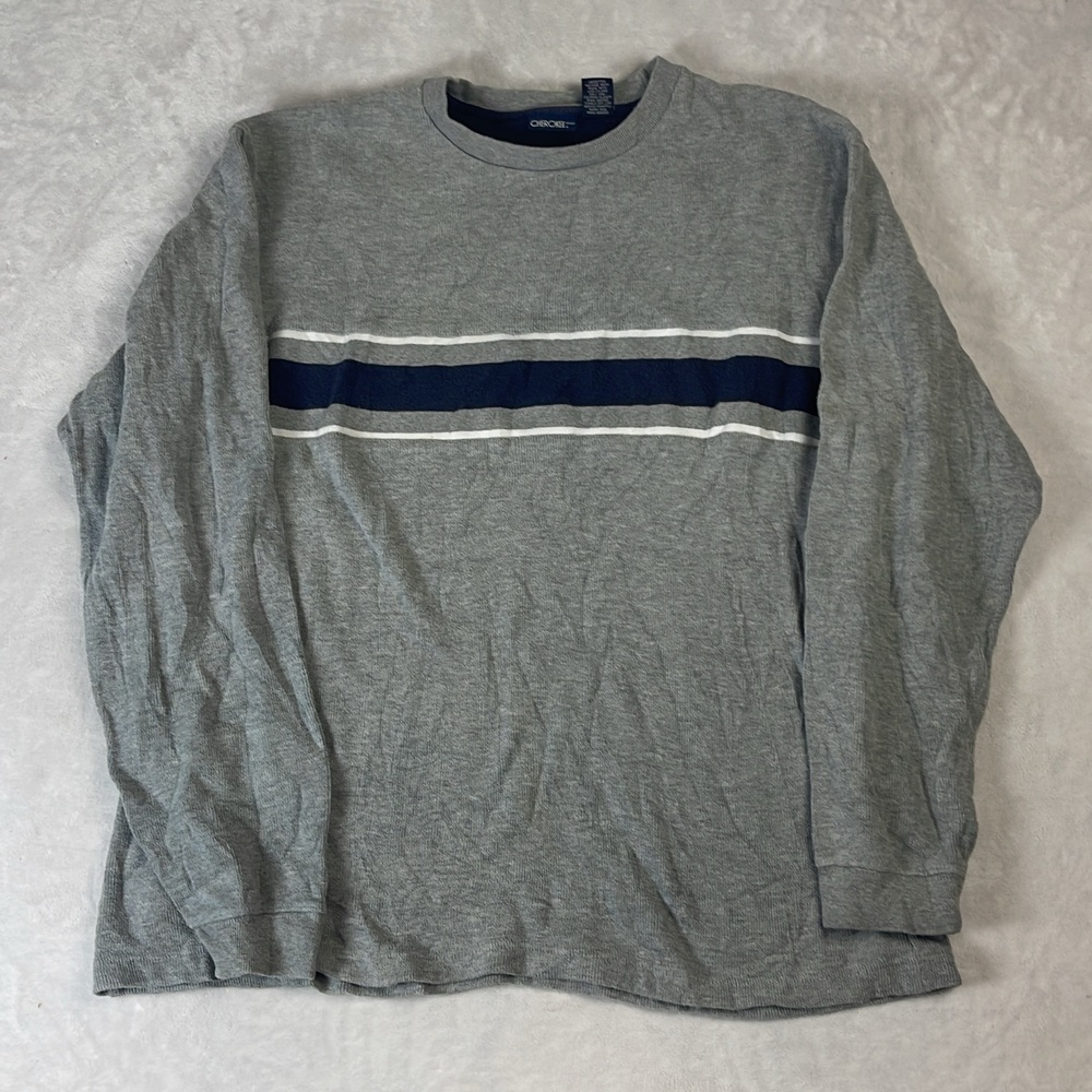 Cherokee Men's Sweater Gray Size L Cotton Striped Ribbed Knit Crew Neck Pullover